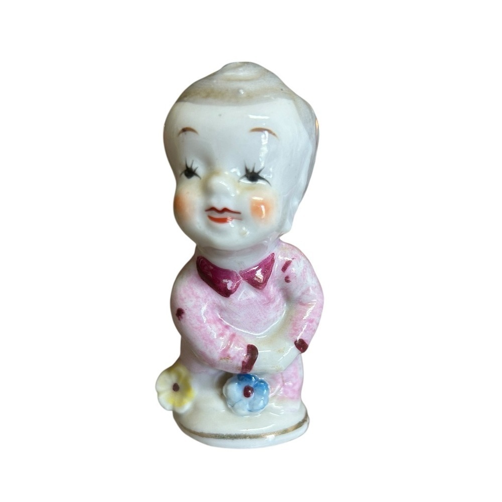 Boy Figurine In Pajamas Vintage Porcelain red letter Japan 3”